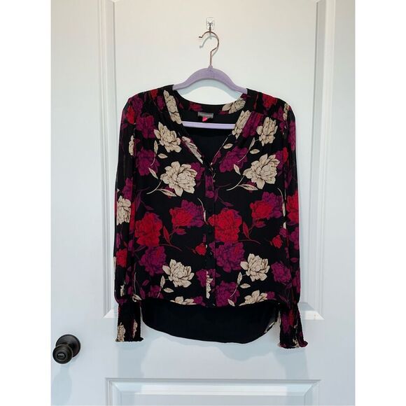 Vince Camuto Floral Black and Pink Button Down Blouse Top Size XS - Picture 1 of 8